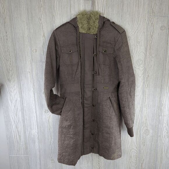 Vintage Billabong Women’s Medium Gray Long Overcoat Jacket Fur Hooded - Picture 4 of 10